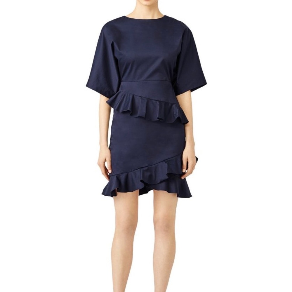 NWT Fame & Partners Amelia Dress Navy Bateau Neck Ruffle Mini Dolman Sleeve US 4